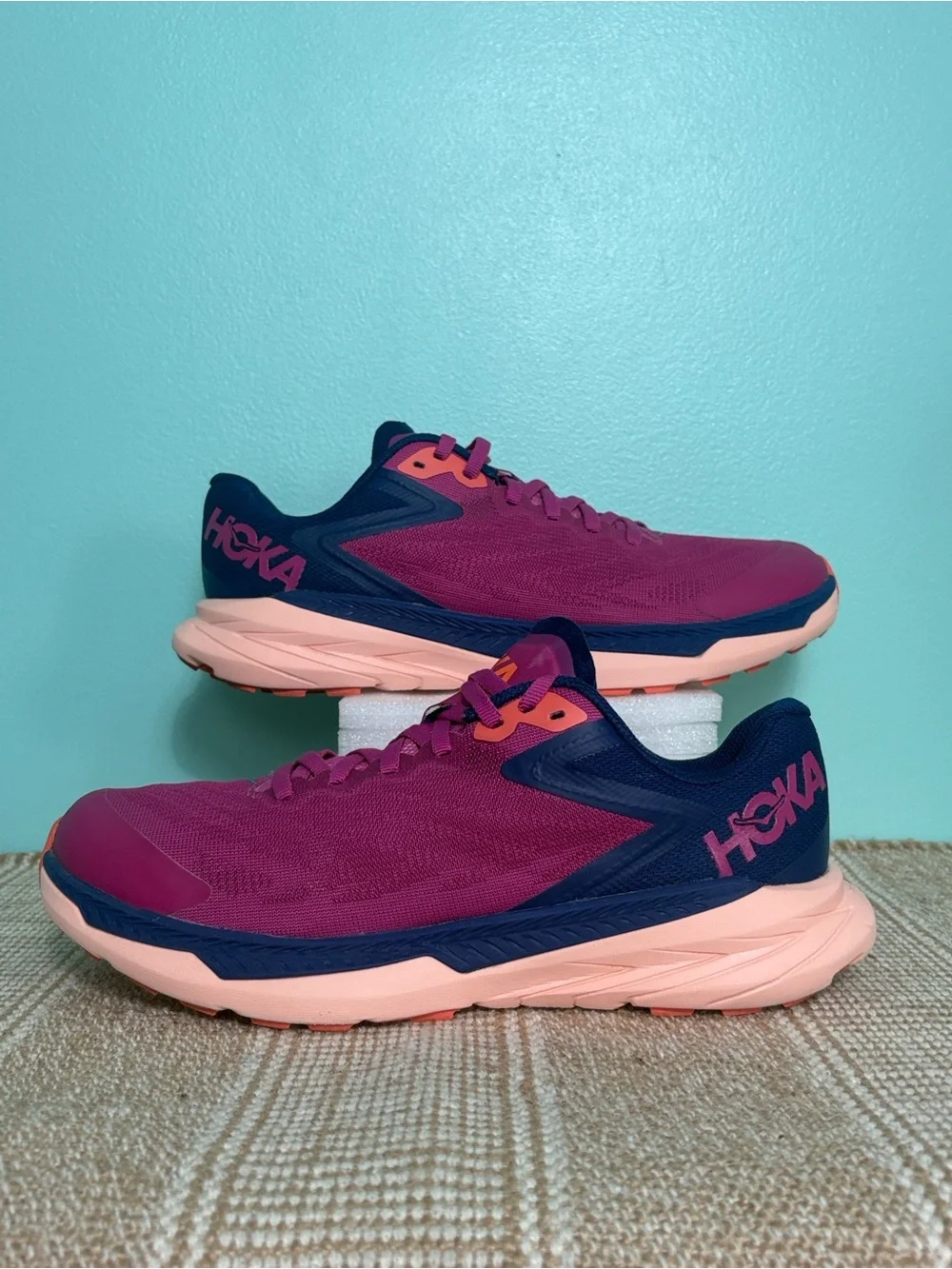 Hoka Women's Zinal Trail Running Shoe. Fuchsia/Navy Blue/Orange Accents. Size-7